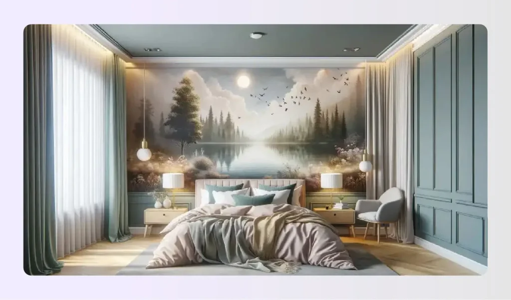 Bedroom featuring a large scenic nature wall mural Bedroom featuring a large scenic nature wall mural