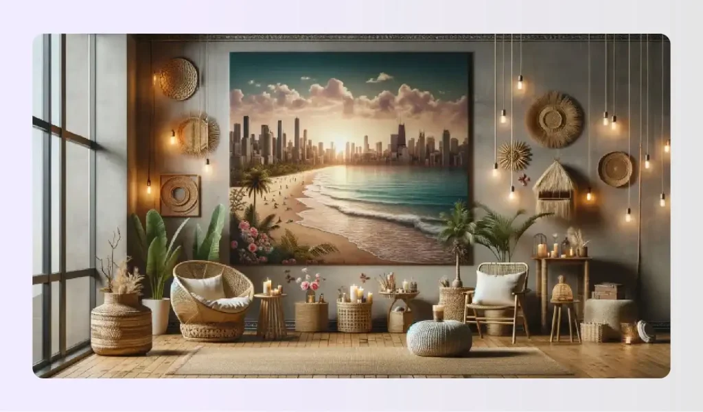 Hawaiian themed living room with beach sunset art Hawaiian themed living room with beach sunset art