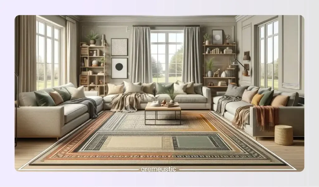 Layered carpets in a neutral modern living room Layered carpets in a neutral modern living room