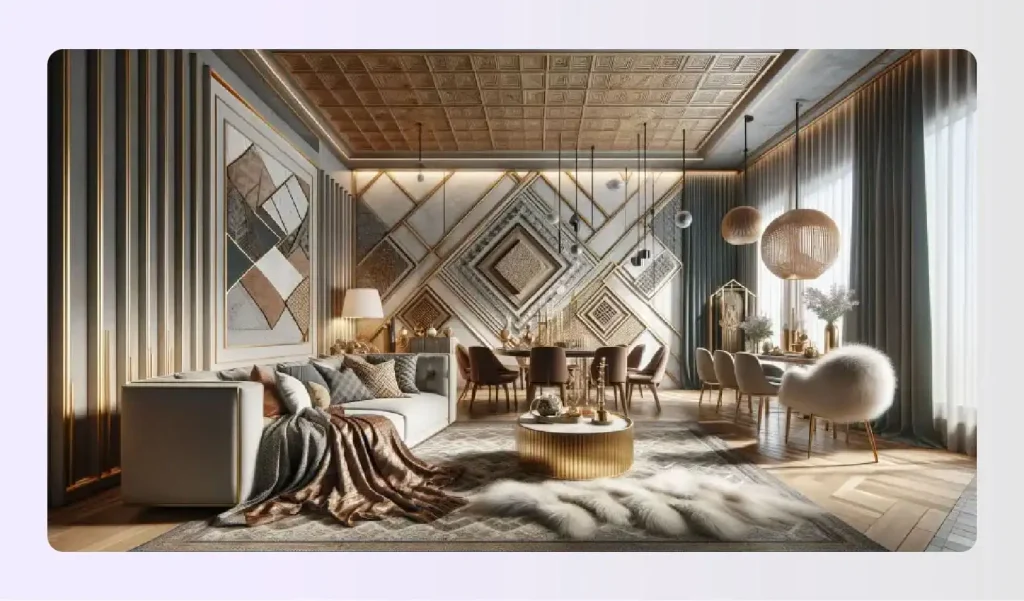 Living room with highly textured geometric wall patterns Living room with highly textured geometric wall patterns