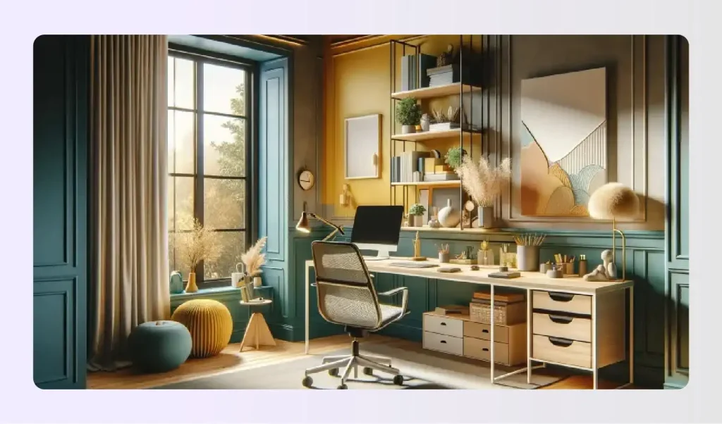 Modern comfortable home office with yellow accents Modern comfortable home office with yellow accents