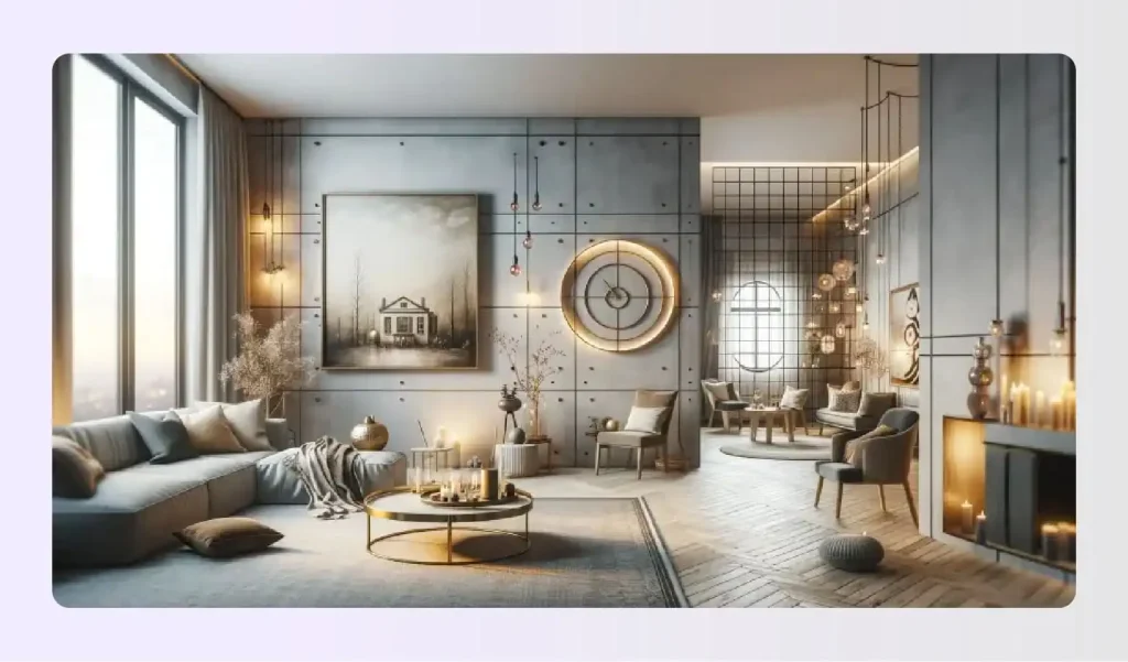 Modern industrial living room with concrete wall art Modern industrial living room with concrete wall art
