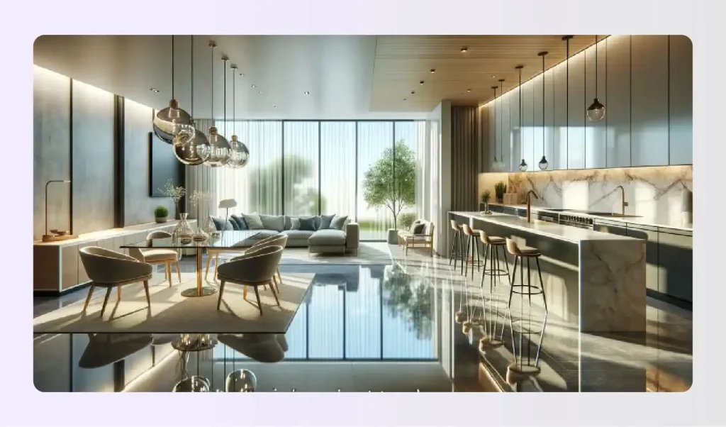 Spacious modern kitchen dining area with large mirrors Spacious modern kitchen dining area with large mirrors