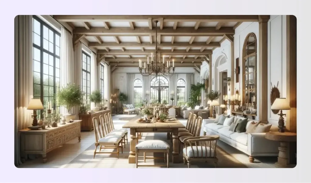 Bright rustic dining room with natural wood table Bright rustic dining room with natural wood table