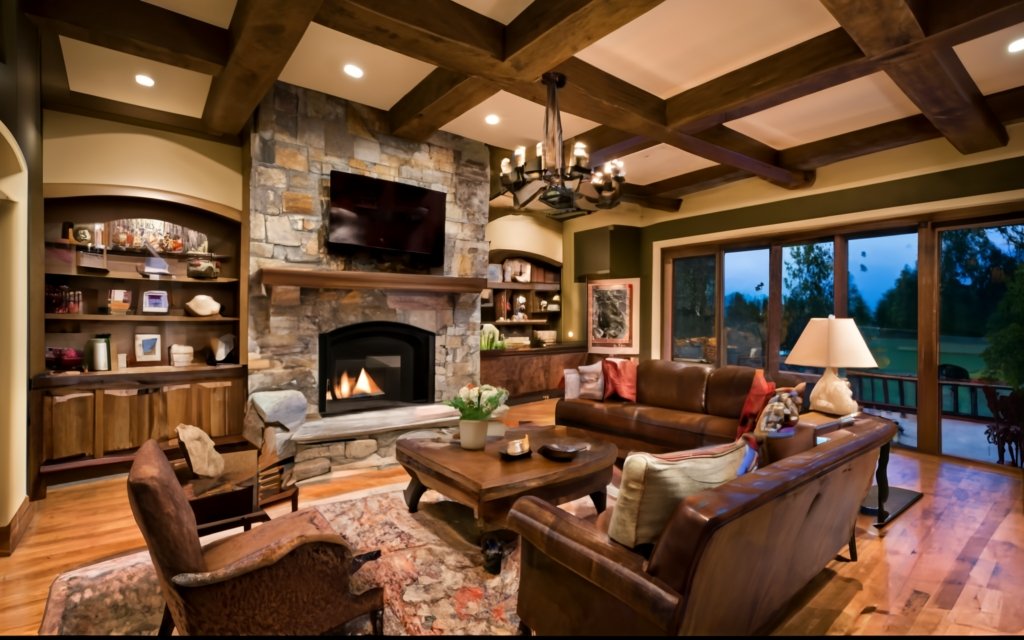 stone fireplace in ranch house