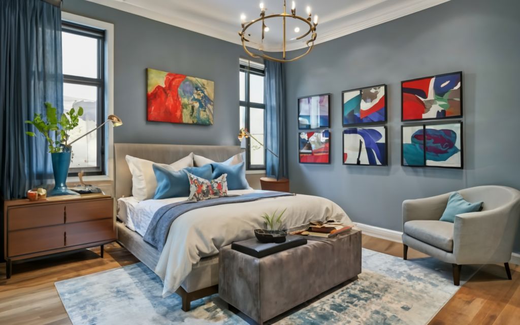 Blue, grey and multi color bedroom