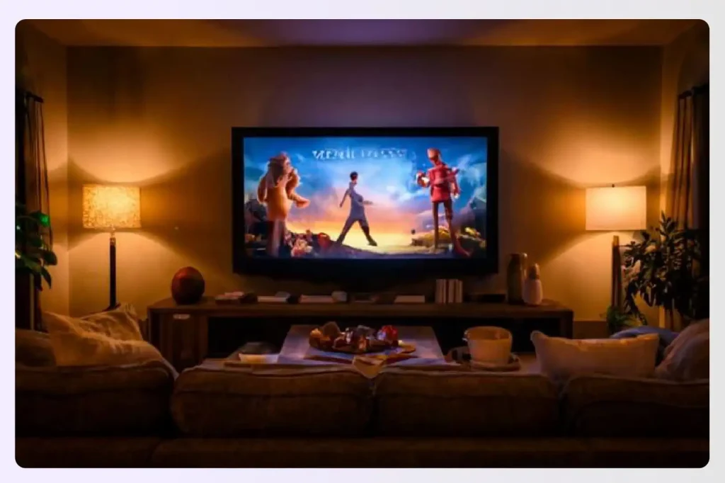 A cozy living room with ambient lighting for watching TV.