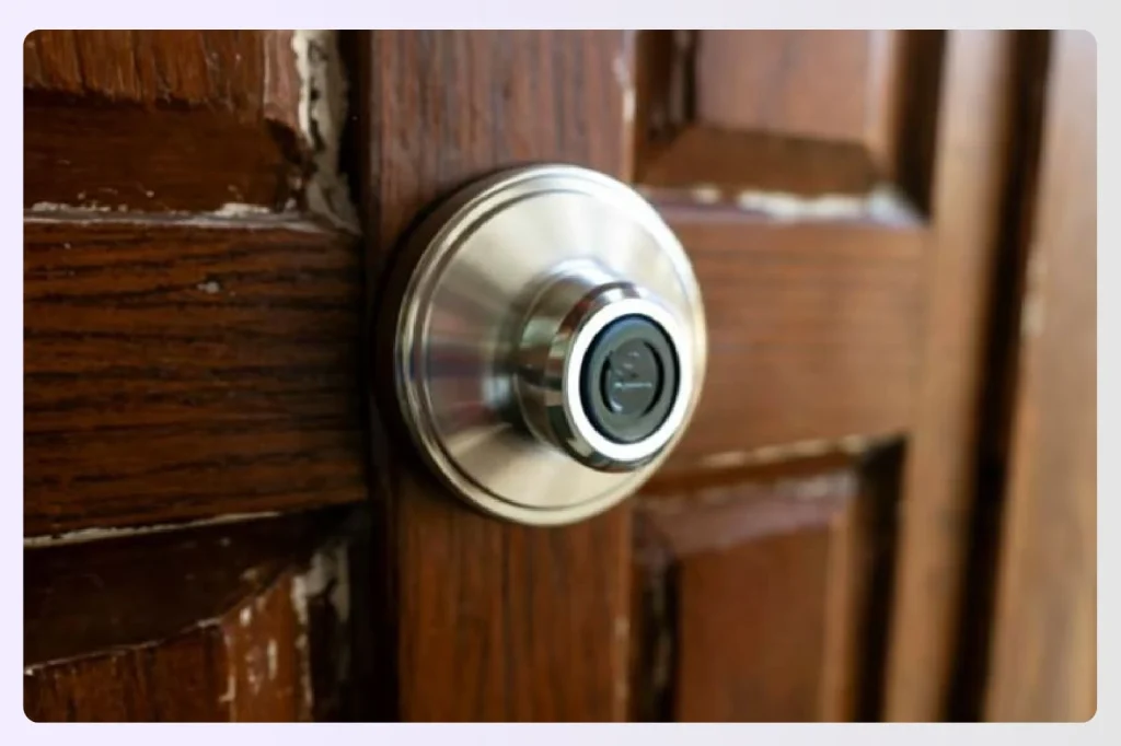 A fingerprint scanner lock on a wooden bathroom door