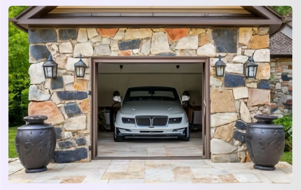 A garage with a textured stone wall concealing the entrance