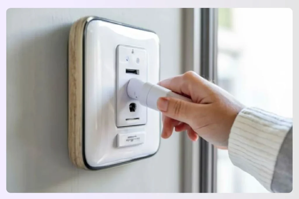 A hand plugging a device into a smart outlet