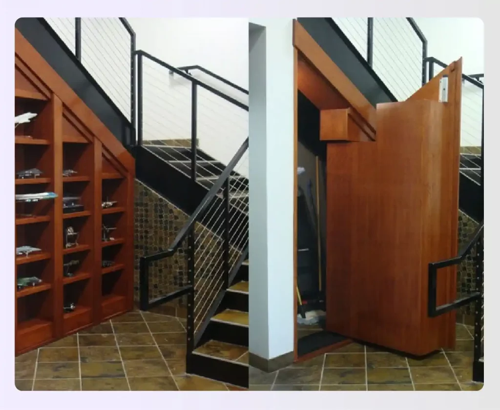 A hidden wooden door built into the wall under a staircase