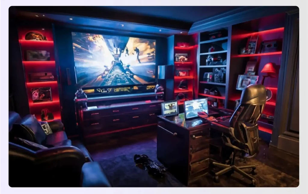 A high-tech gaming room with dramatic red LED lighting