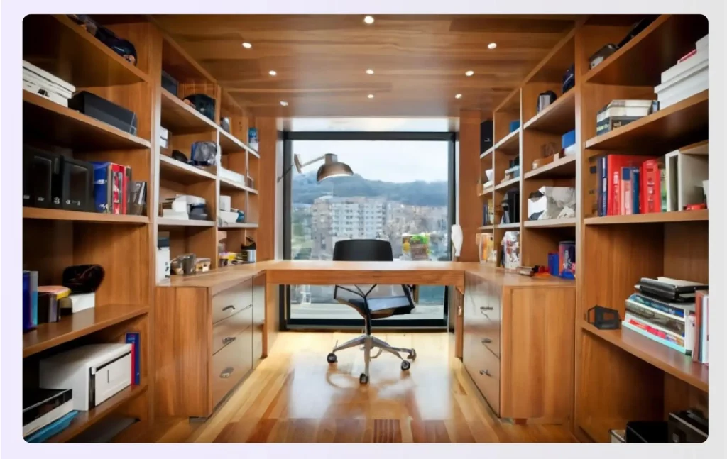 A home office with floor-to-ceiling wooden cabinets and shelves