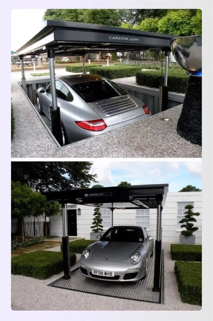 A hydraulic car lift raising a sports car from the ground