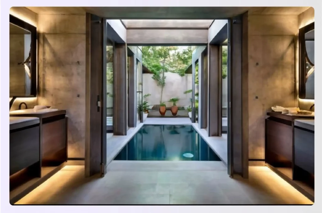 A luxurious bathroom with doors opening to an outdoor pool