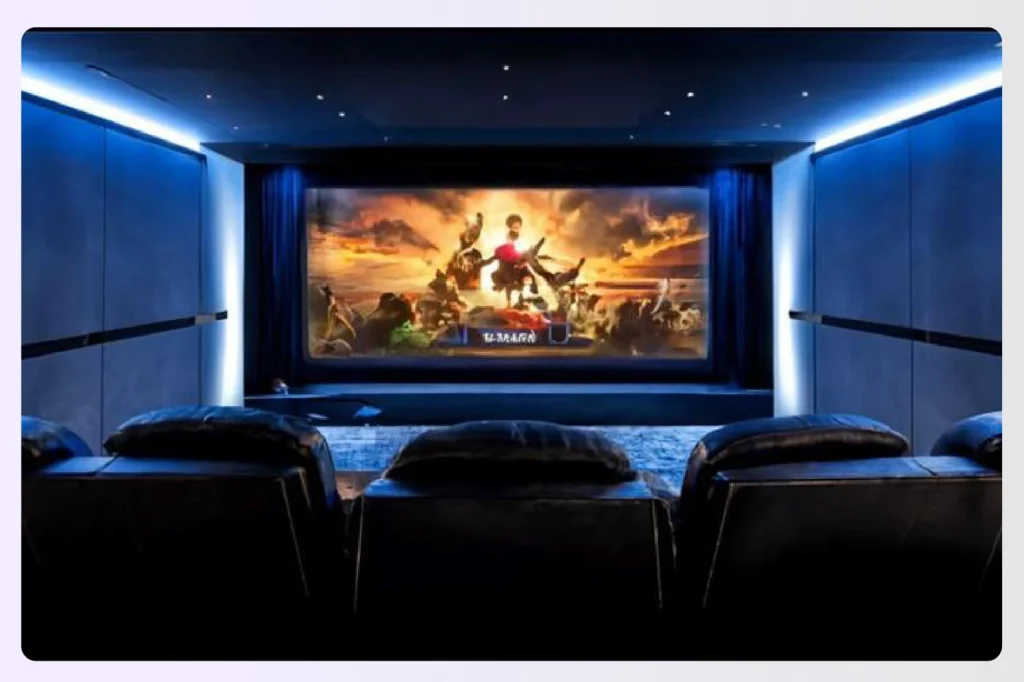 A luxurious home theatre with a large screen.