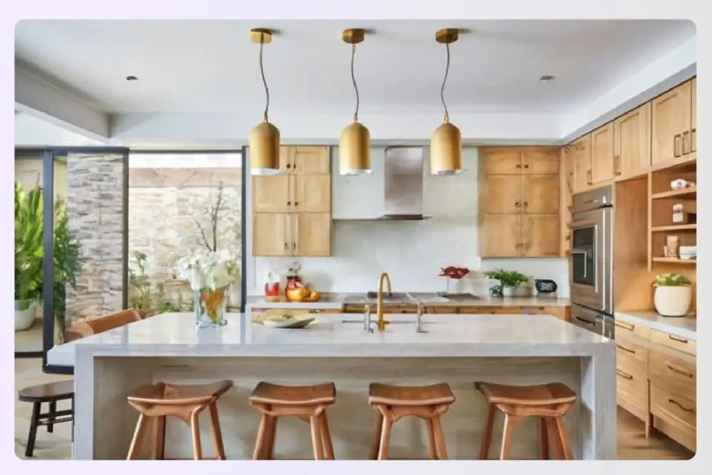 A modern kitchen with beautiful smart pendant lighting