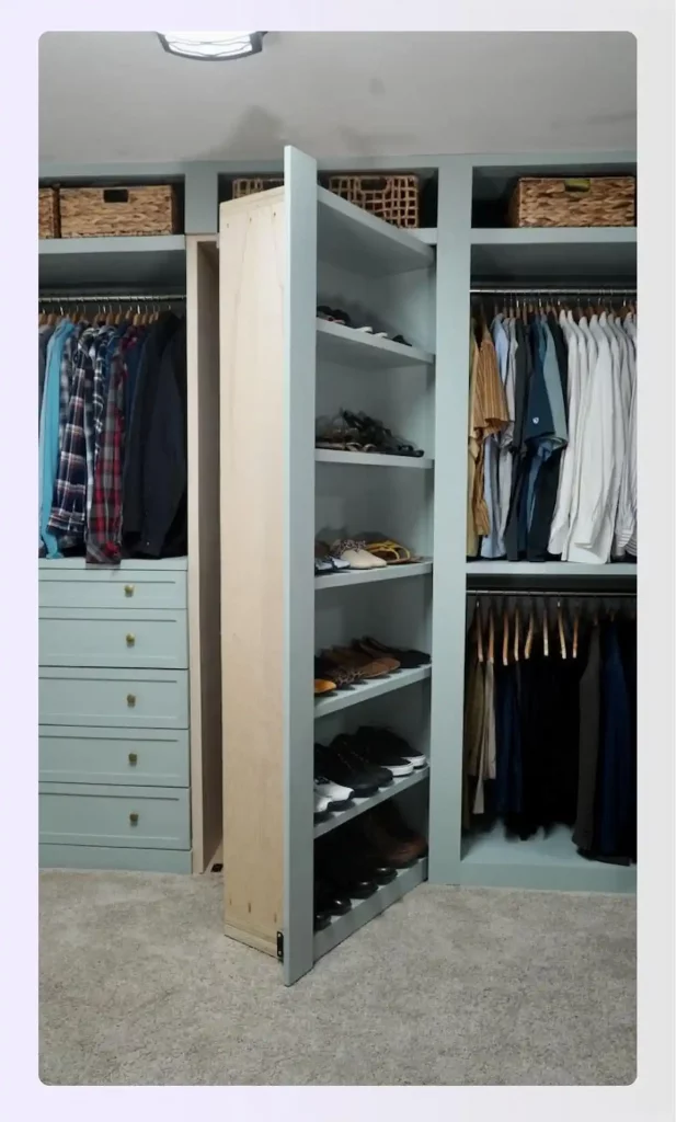 A pivoting door disguised as a shoe rack in a closet