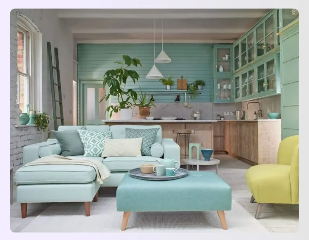 A room with a cohesive mint green color scheme