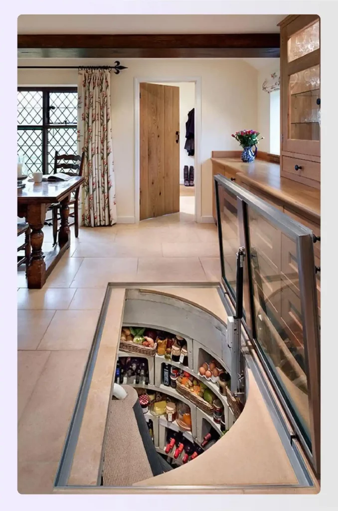 A round glass trapdoor in a kitchen floor reveals a spiral cellar