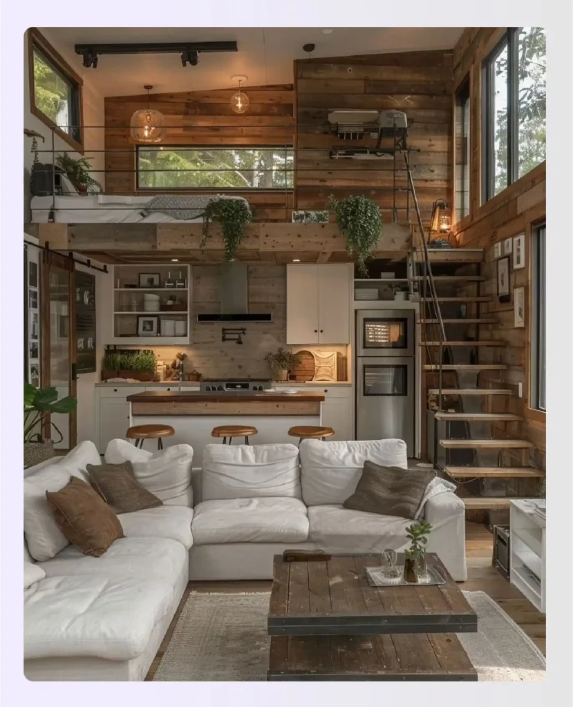 A rustic tiny home with a loft bed and clever storage solutions