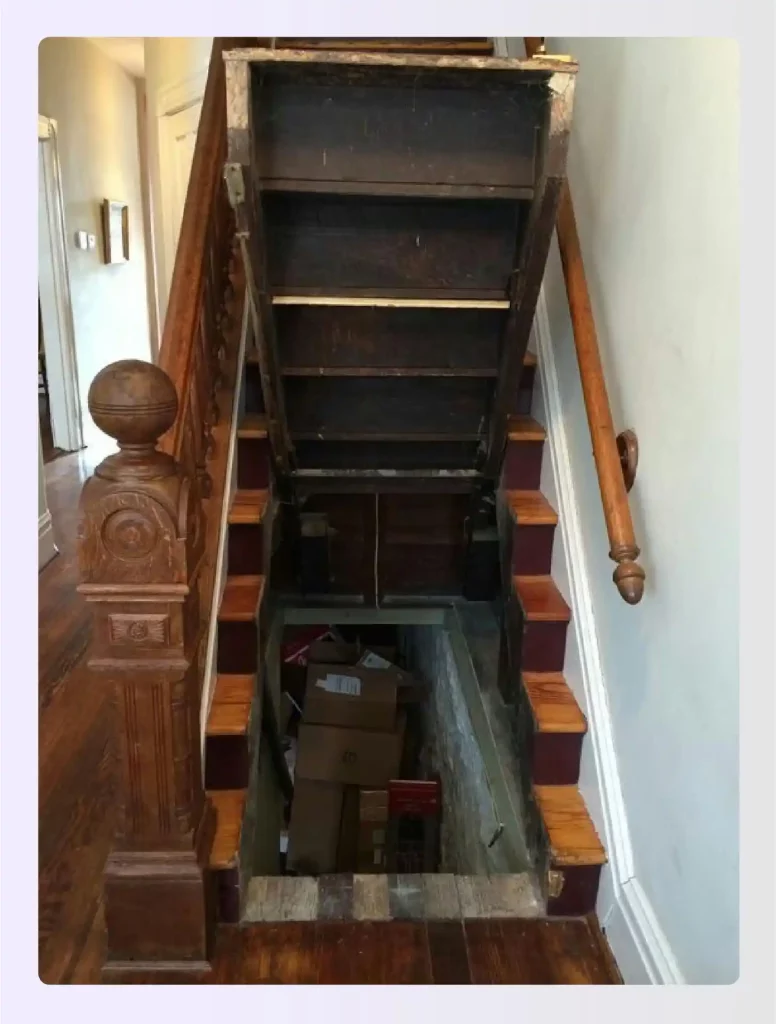 A set of wooden stairs that lift up to reveal storage