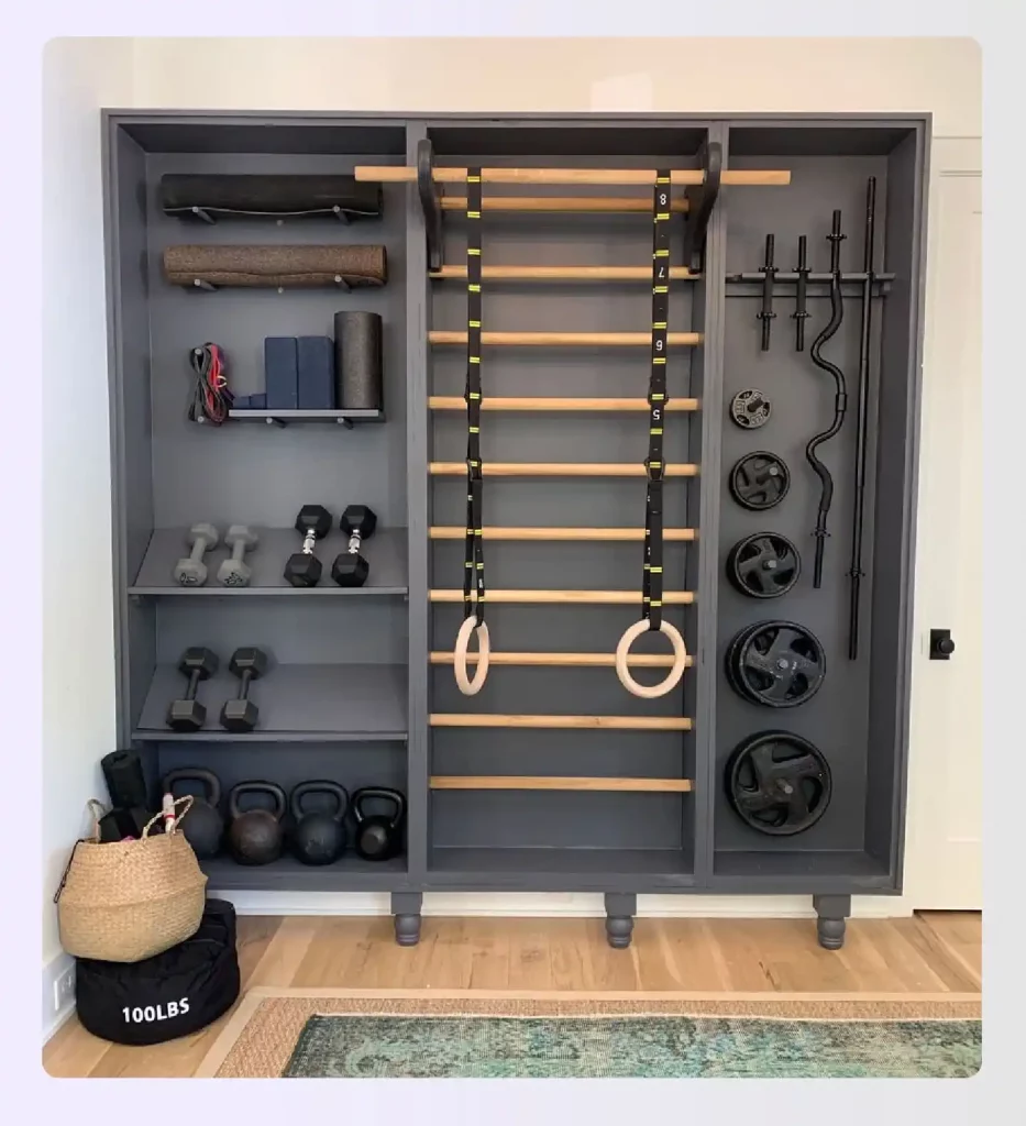 A wall-mounted storage unit for a compact home gym