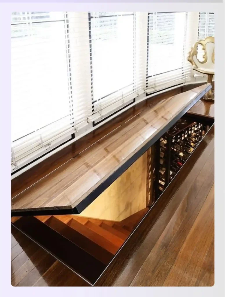 A wooden floor panel lifting to reveal a hidden wine cellar