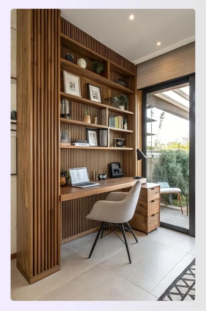 A wooden slat wall office where one panel is a hidden door