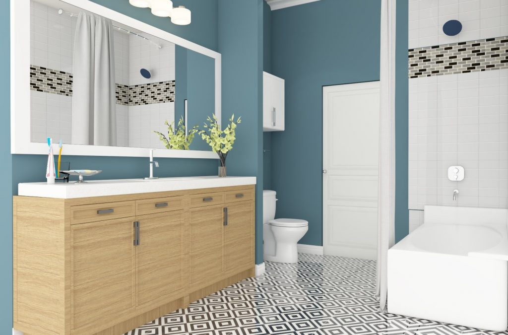 Bathroom with a blue wall, white bathtub, and patterned floor.