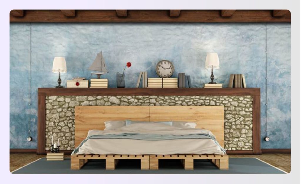 Bedroom with stone half-wall and blue textured wallpaper Bedroom with stone half-wall and blue textured wallpaper