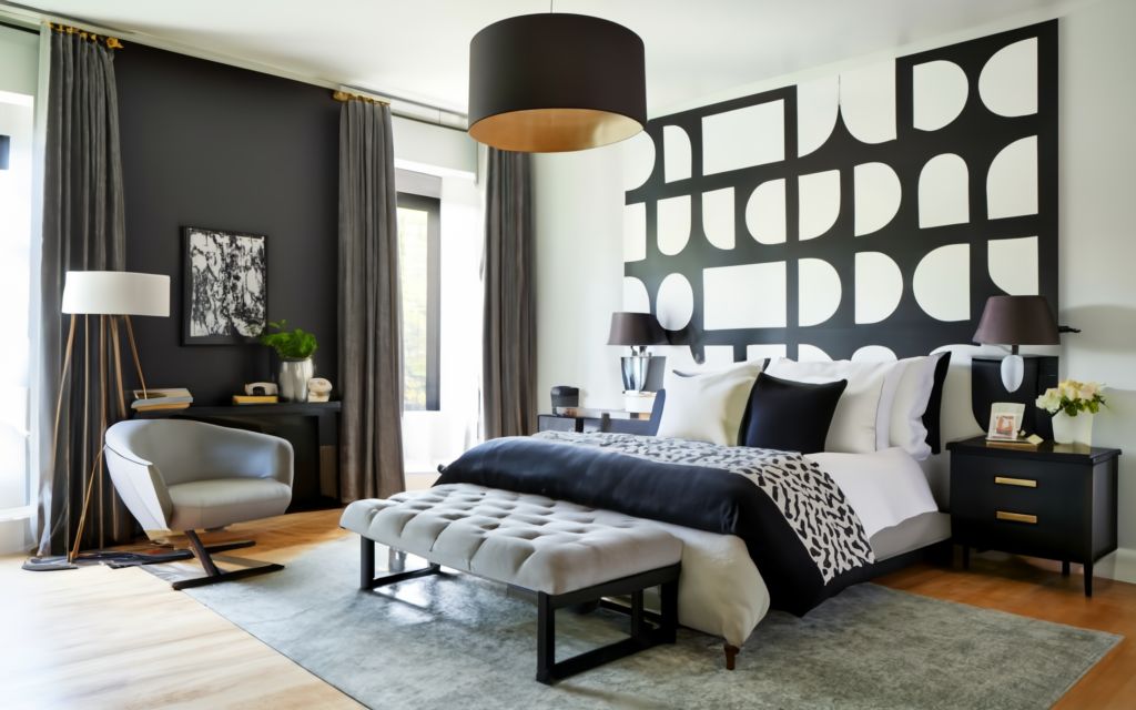 Black, white and olive green bedroom color