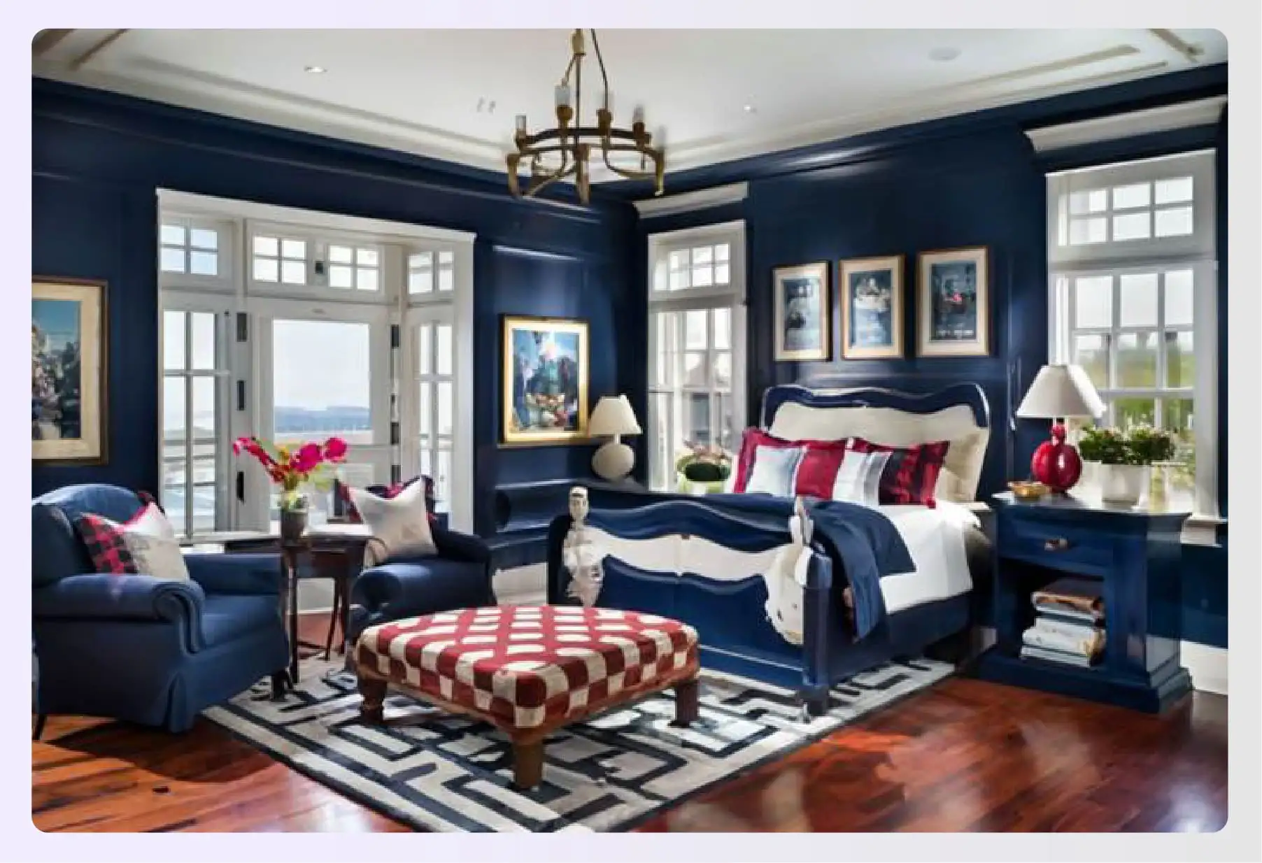 Blue-gray walls with multicolor abstract art