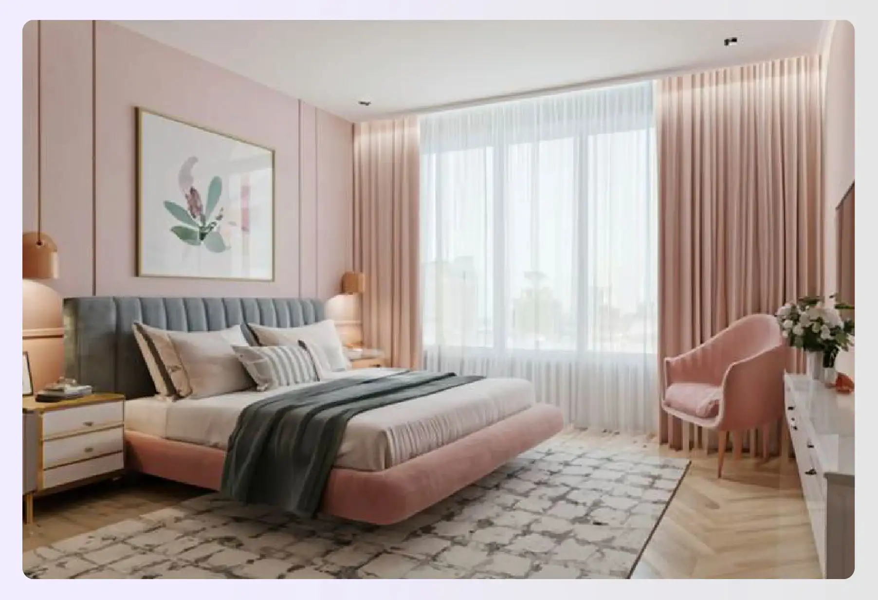 blush pink and white color scheme in a bedroom
