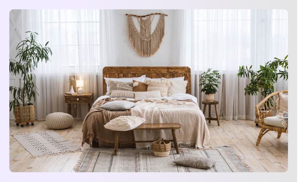 Boho rustic bedroom with macrame wall hanging