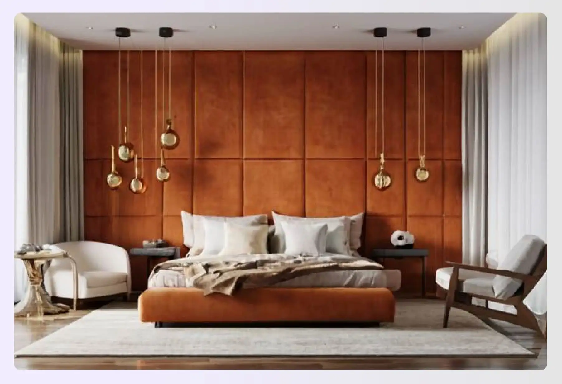 Bold burnt orange accent wall in a bedroom