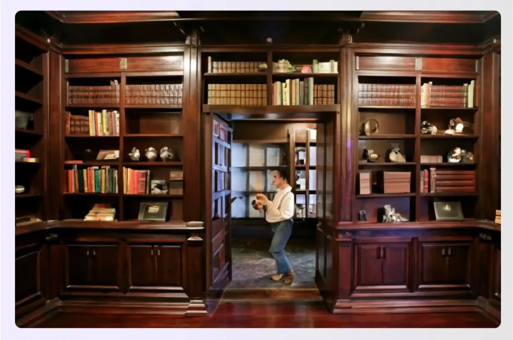 Bookcase with lever book revealing hidden passage
