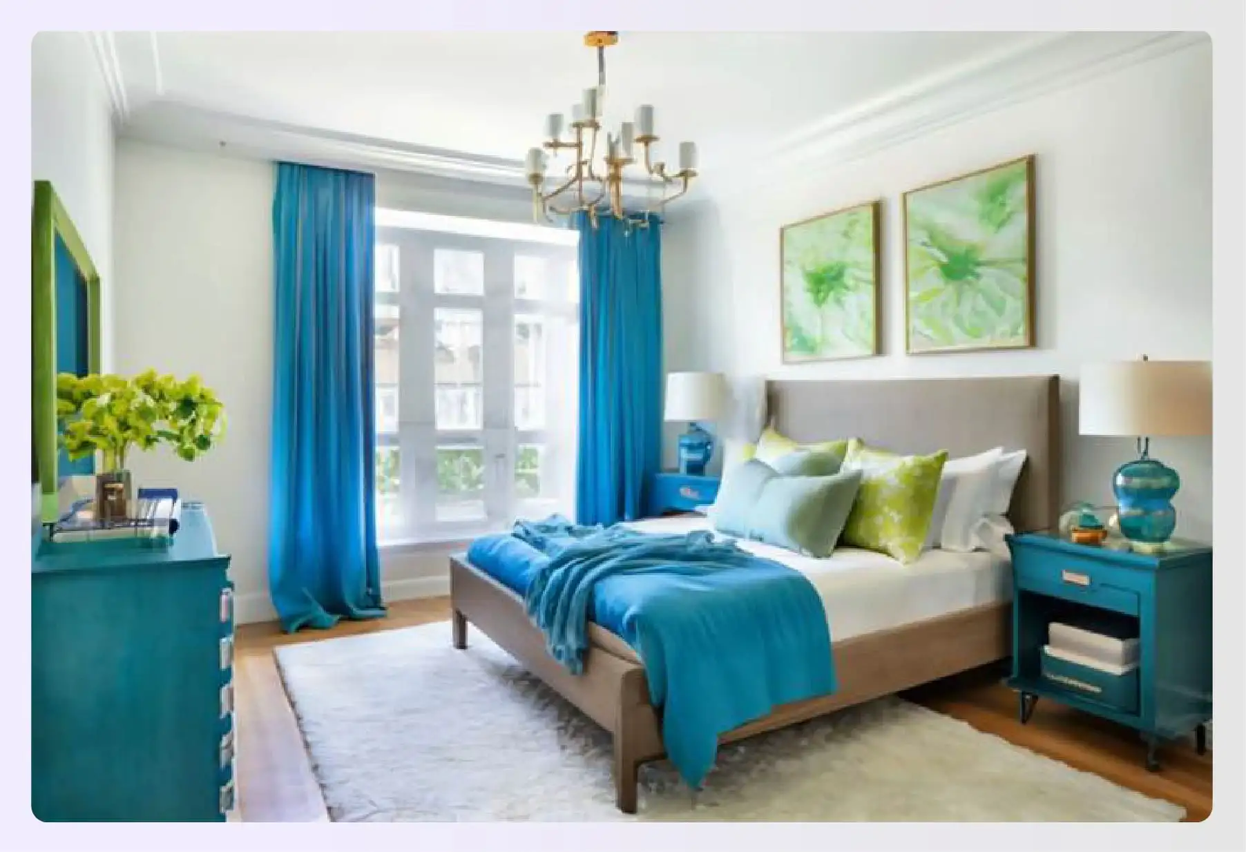 Bright bedroom with apple green and preppy blue