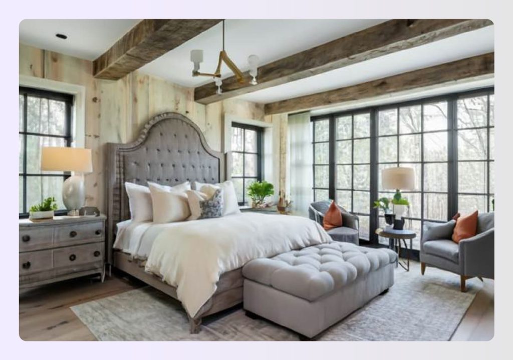 Bright farmhouse style bedroom with exposed wooden ceiling beams Bright farmhouse style bedroom with exposed wooden ceiling beams