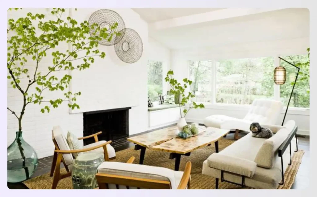 Bright living room with large plants