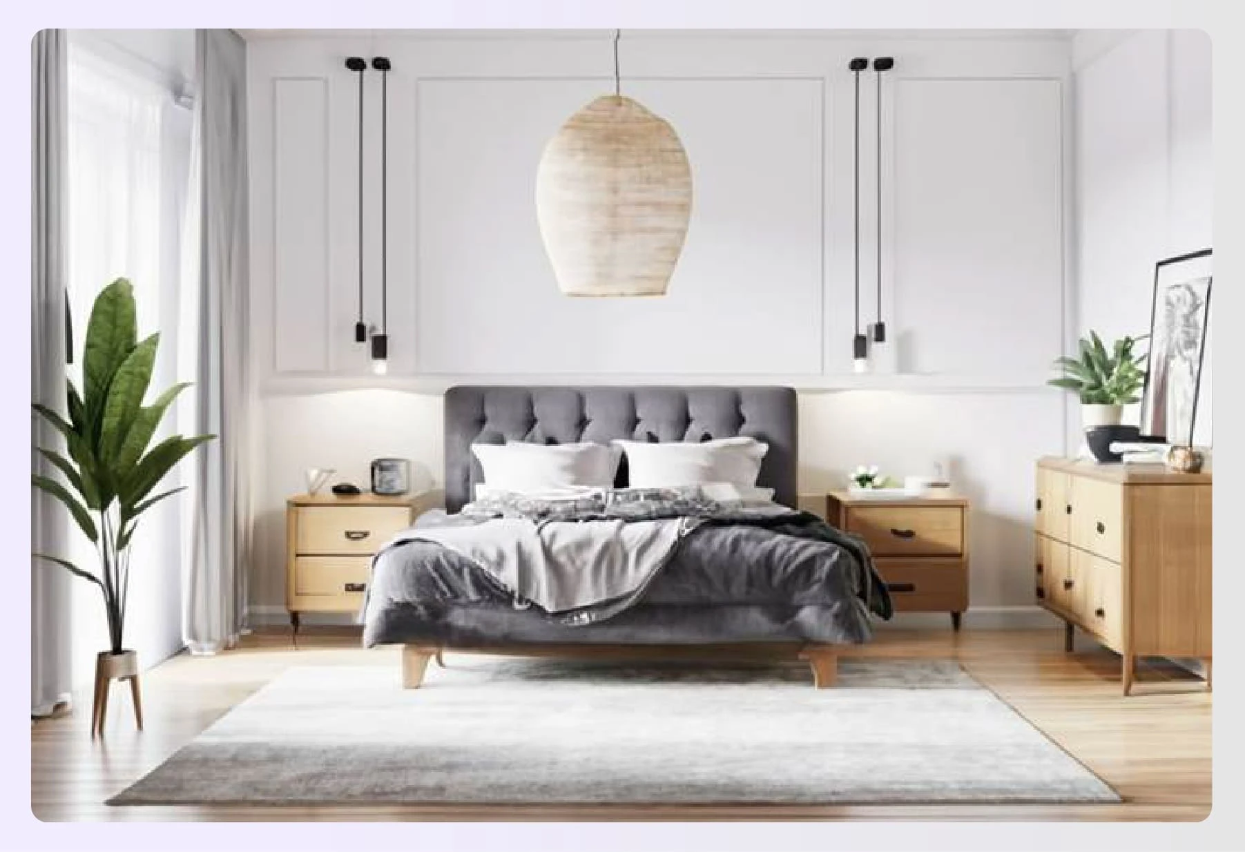 Casual gray and white bedroom with wood furniture