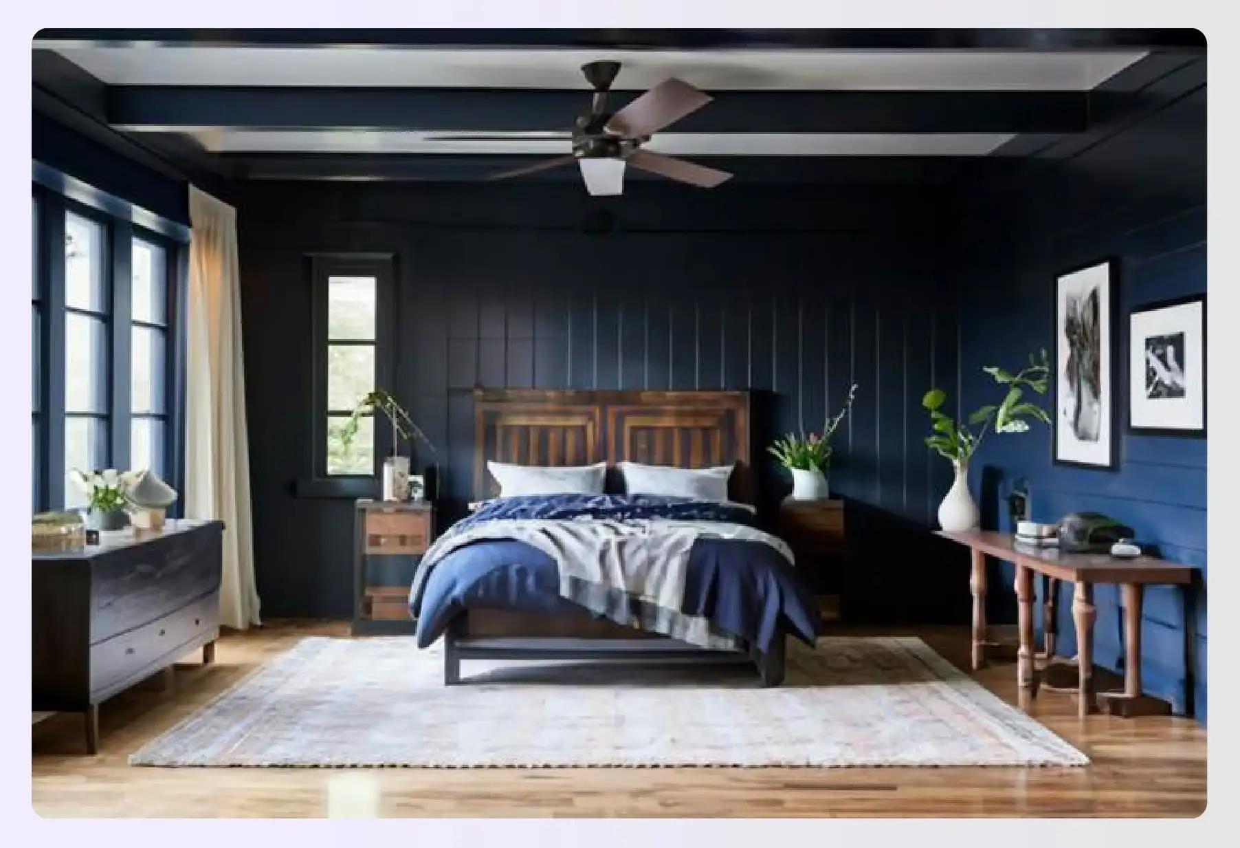 Chic navy blue plank walls with white ceiling