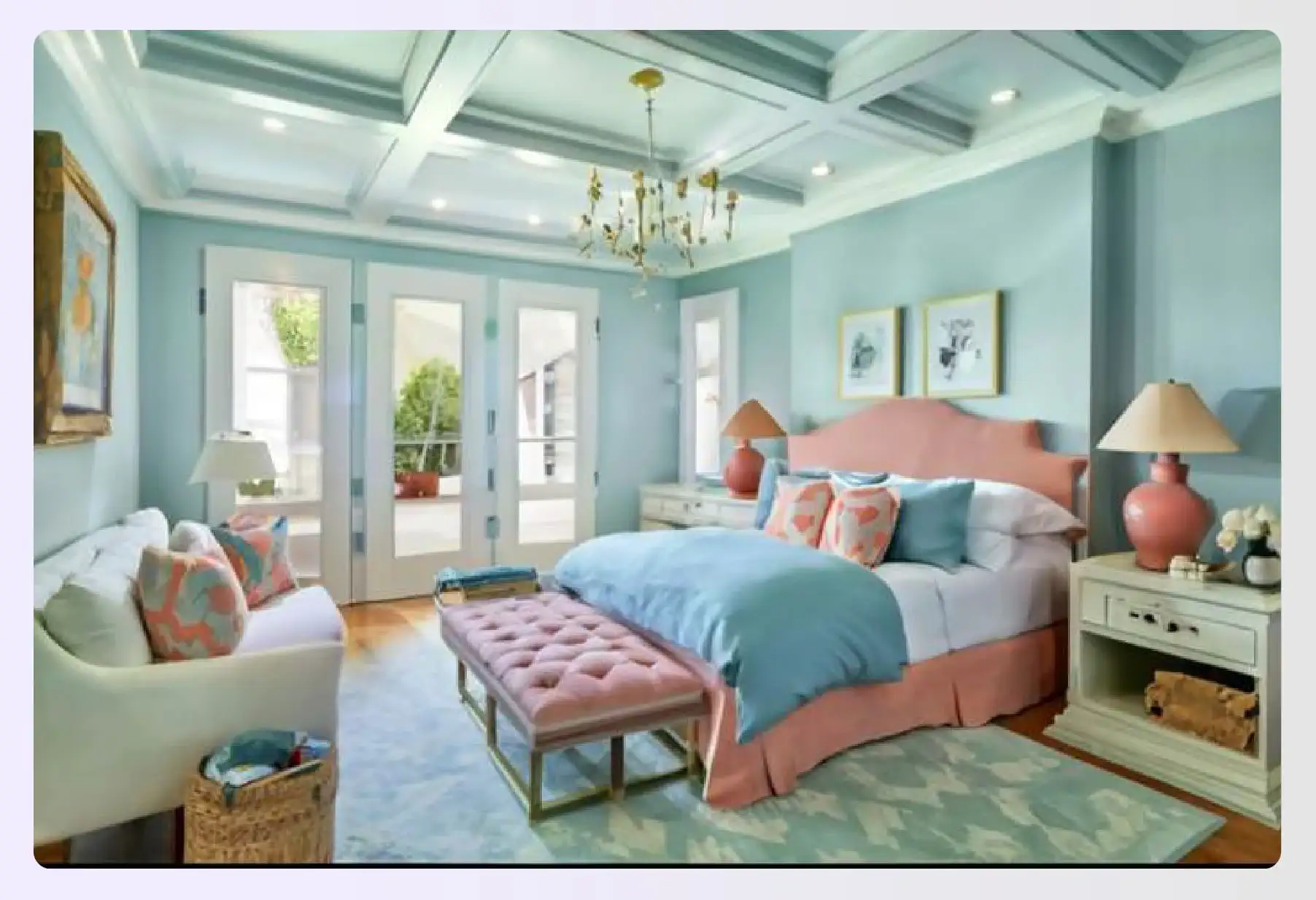 Classic bedroom with sea blue, coral, and white