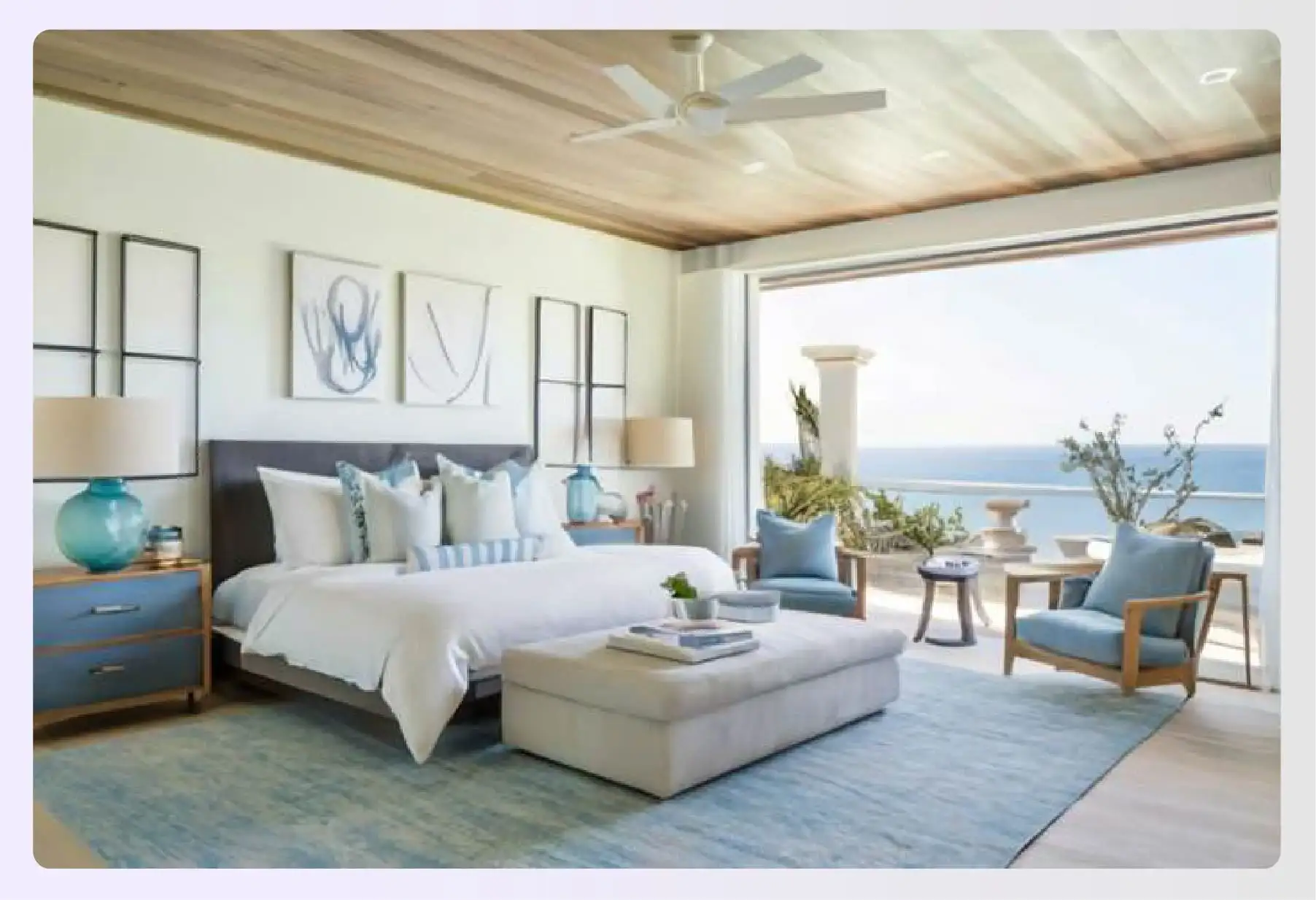 Coastal bedroom with blue, white, and sand tones