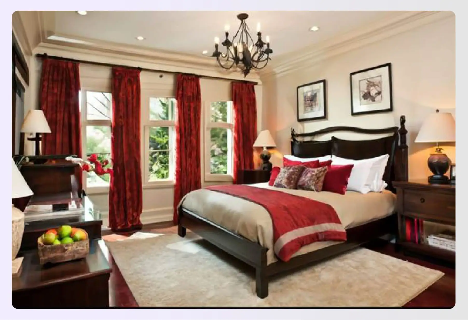 Cozy bedroom with red curtains and taupe bedding
