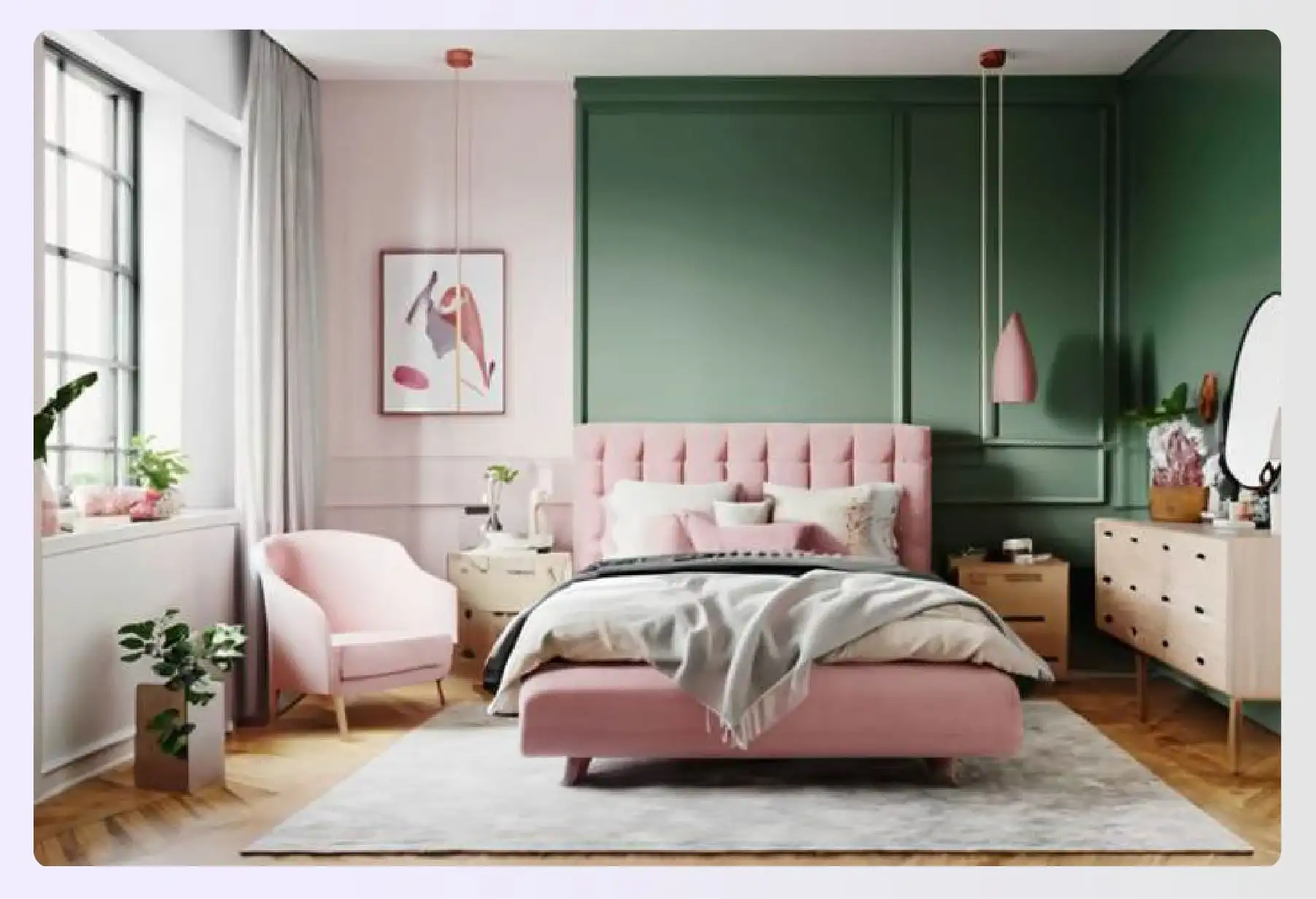 Dreamy bedroom with pink, green, and gray