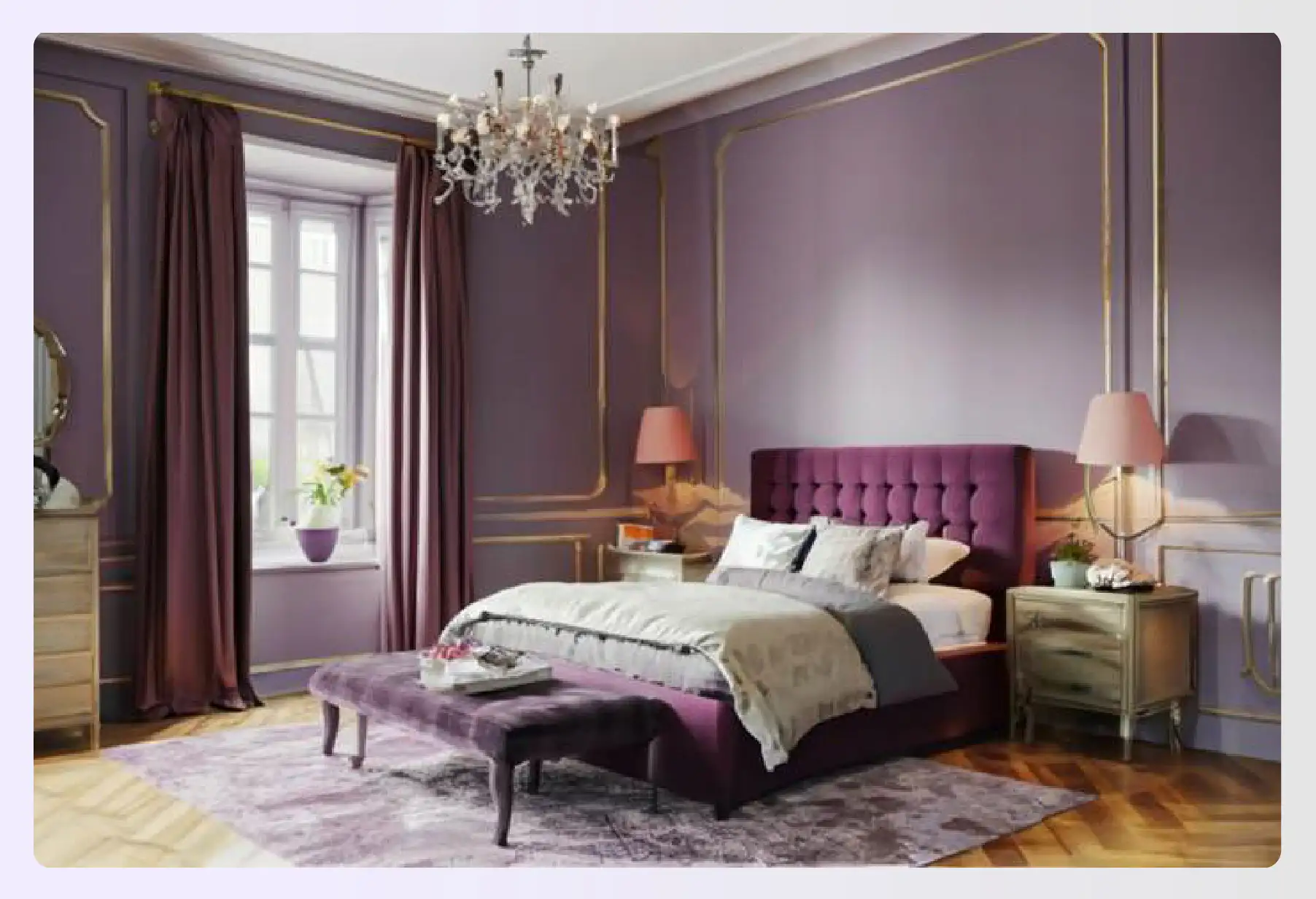 Elegant bedroom balancing sangria and lavender