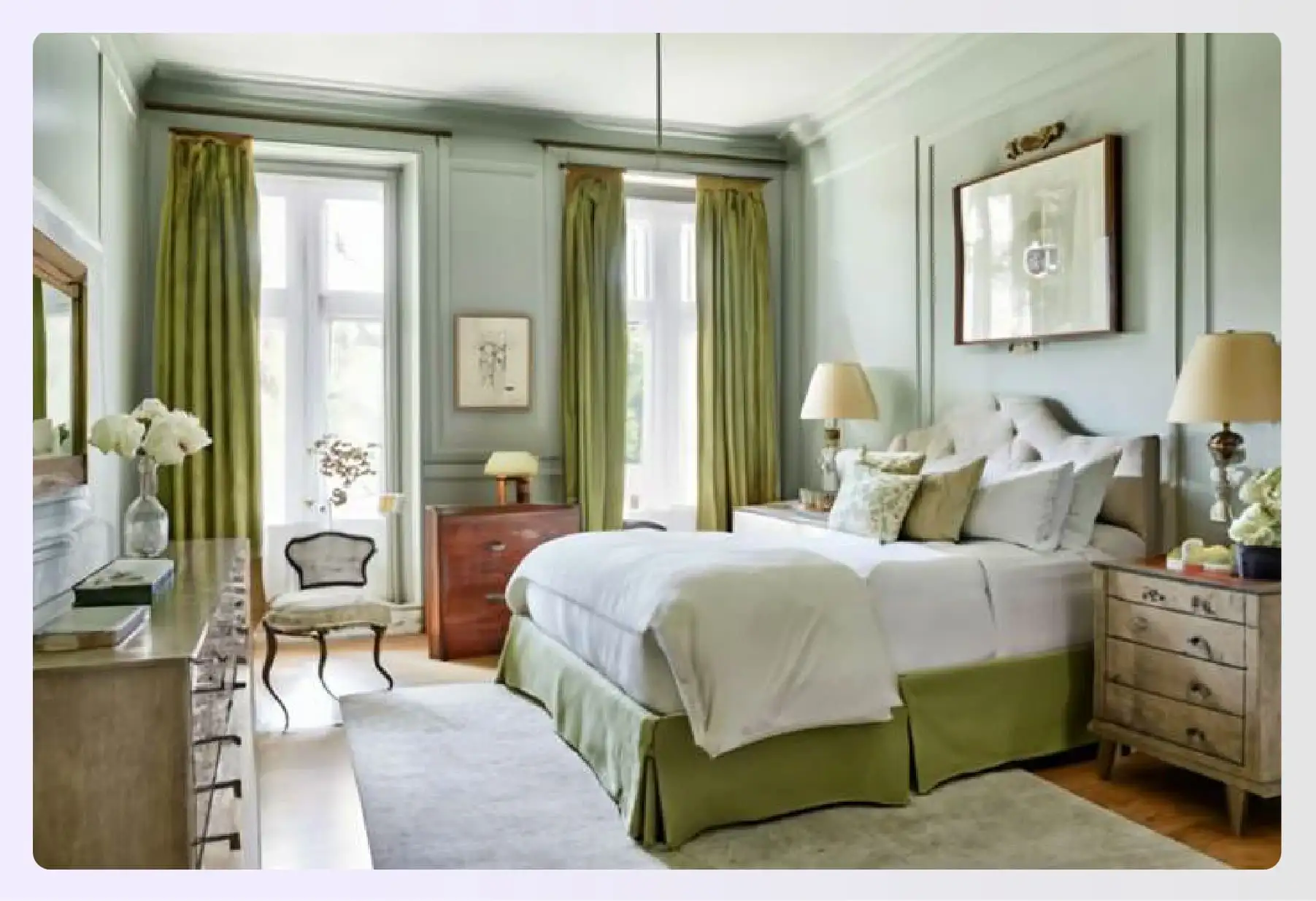 Elegant bedroom with moss green and white