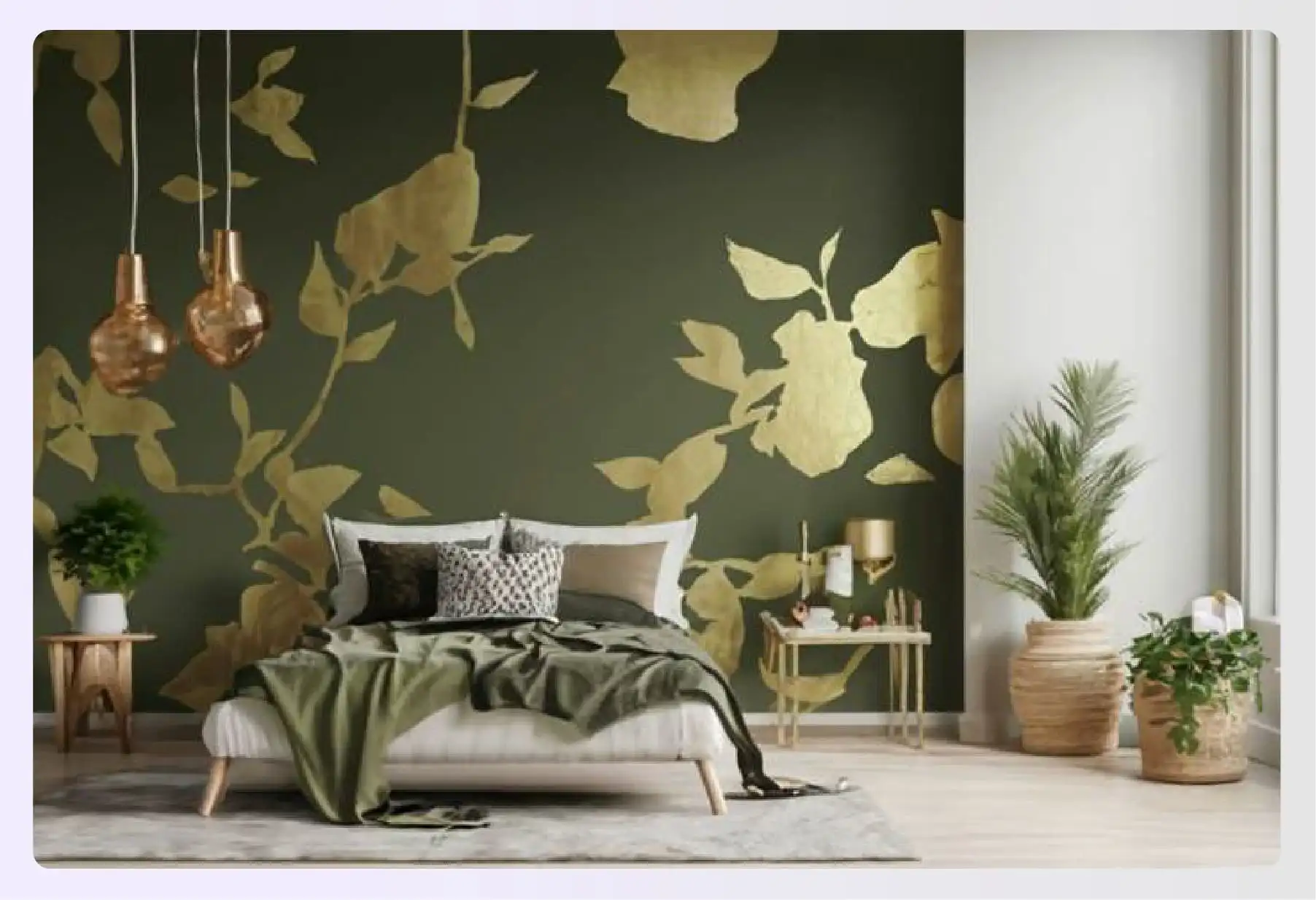 Elegant green and gold wallpaper accent wall