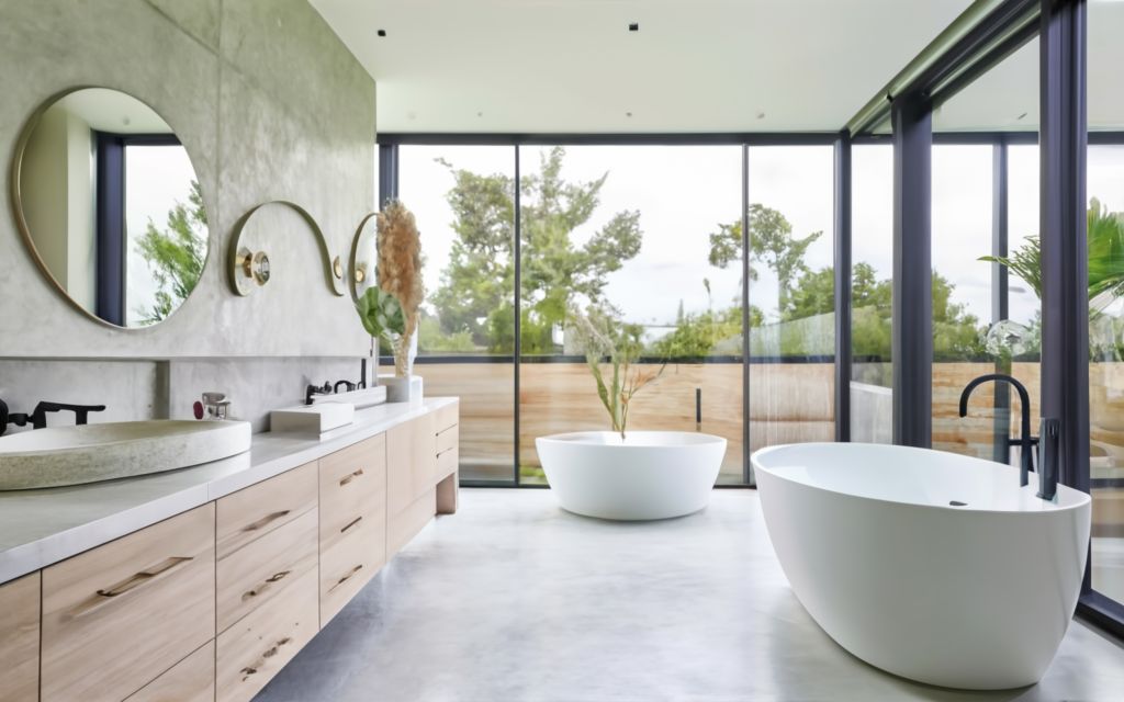 Faucets and fixtures in the open concept bathroom